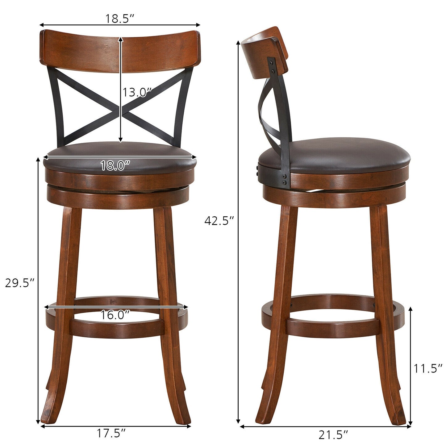Swivel Bar Stools Set of 2 with Rubber Wood Legs - 360° Rotation