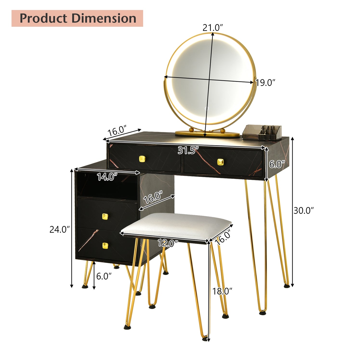 Vanity Table with LED Lighted Mirror and Storage Cabinet