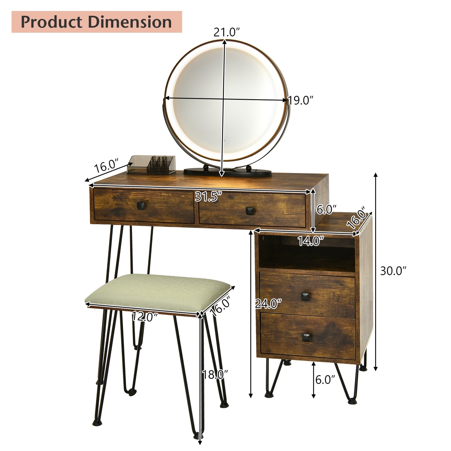 Vanity Table with LED Lighted Mirror and Storage Cabinet