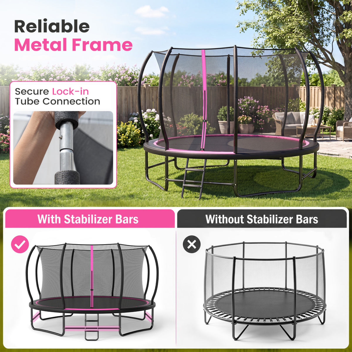 14 FT Outdoor Recreational Trampoline with 4 Stabilizer Bars for Backyard