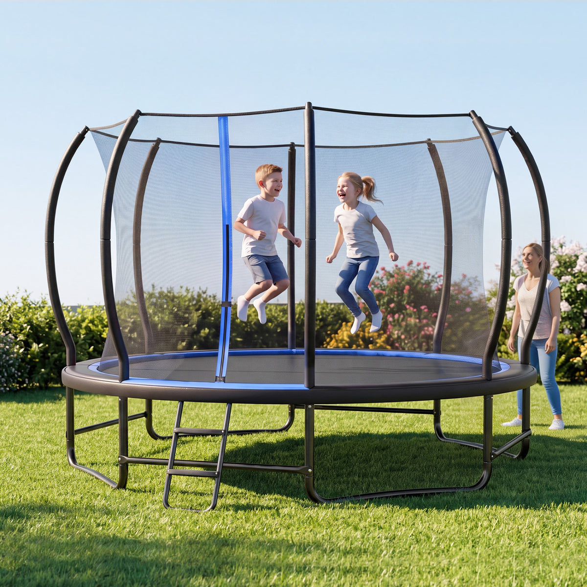 14 FT Outdoor Recreational Trampoline with 4 Stabilizer Bars for Backyard