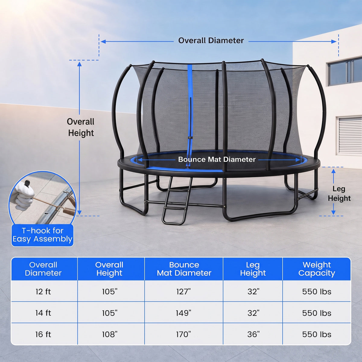 14 FT Outdoor Recreational Trampoline with 4 Stabilizer Bars for Backyard