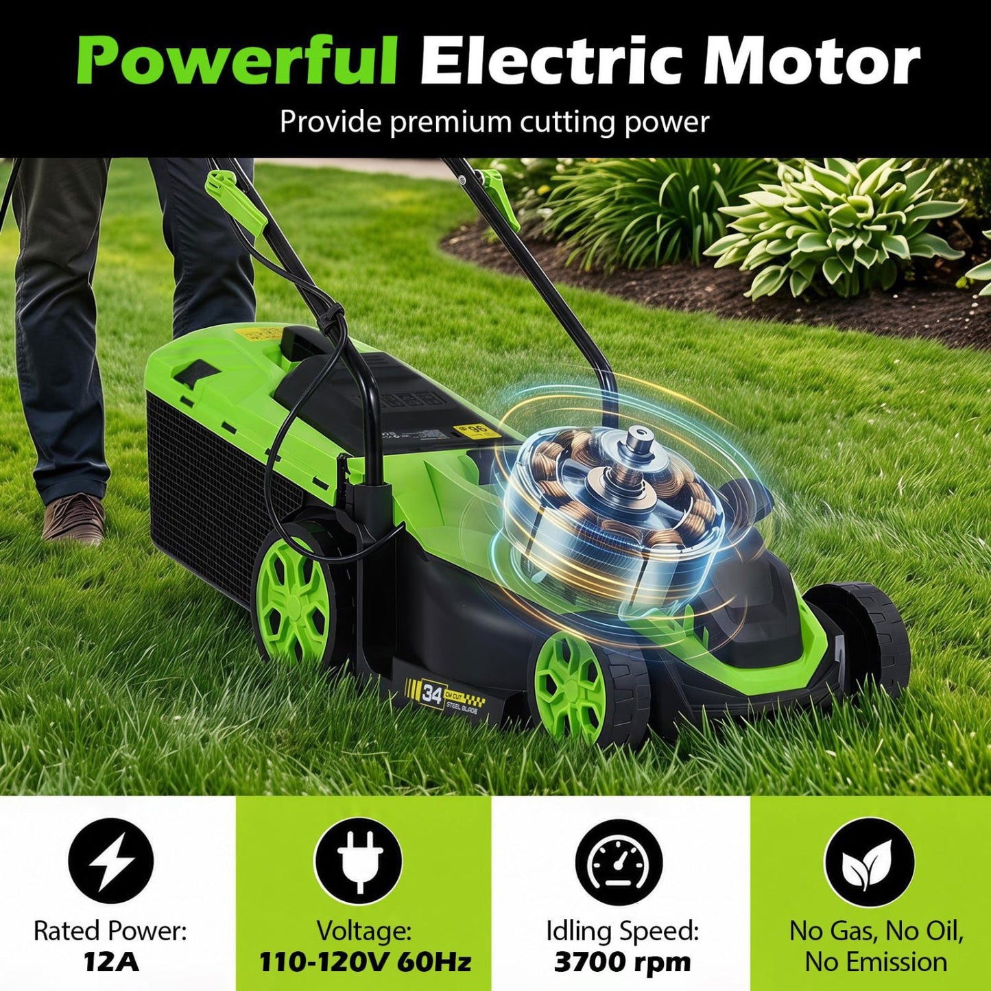 14-Inch Corded Electric Lawn Mower with 5-Position Height Adjust