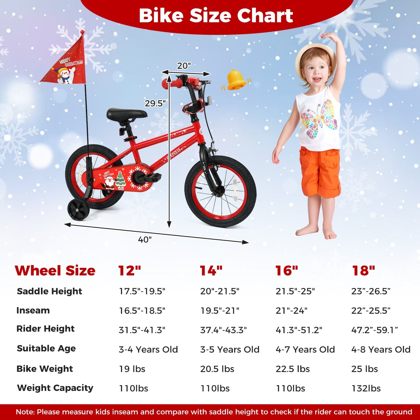 Kids Bike 12-18 Inch with Training Wheels & Christmas Music