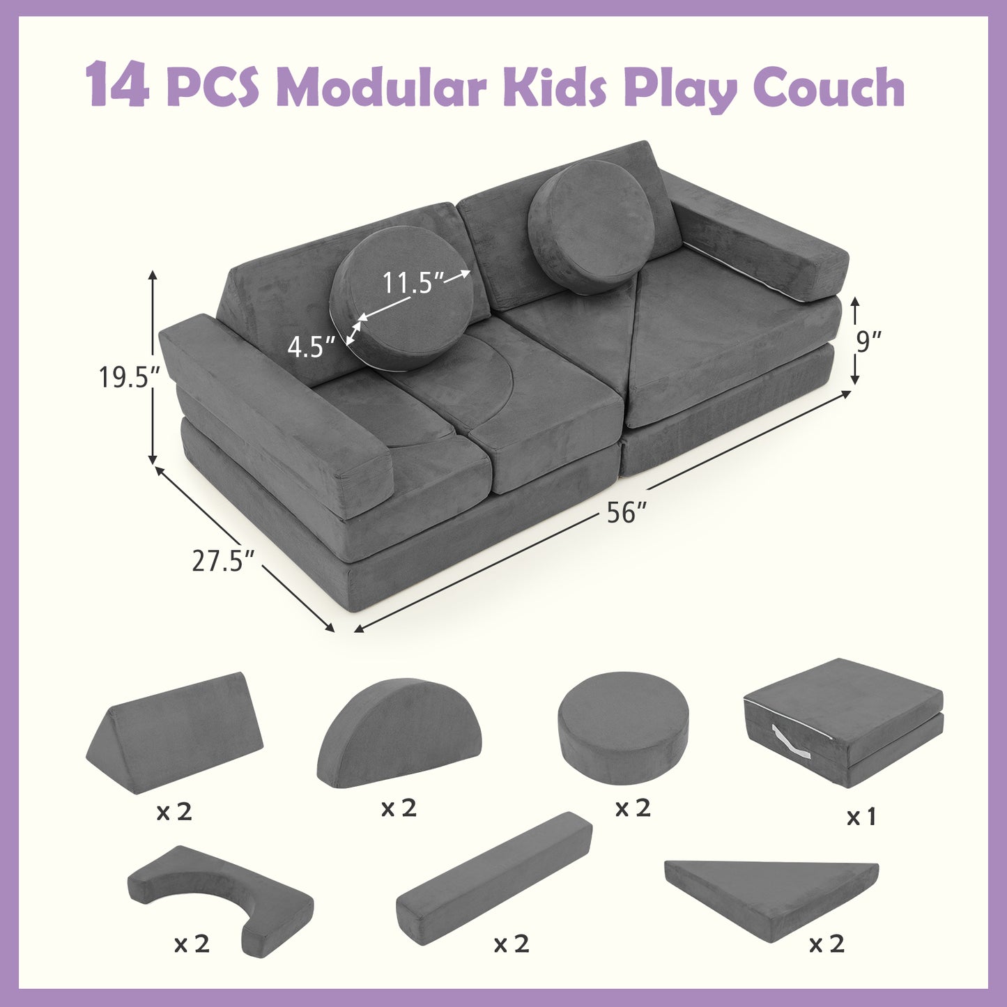 14-Piece Modular Kids Play Couch Set with Removable Covers