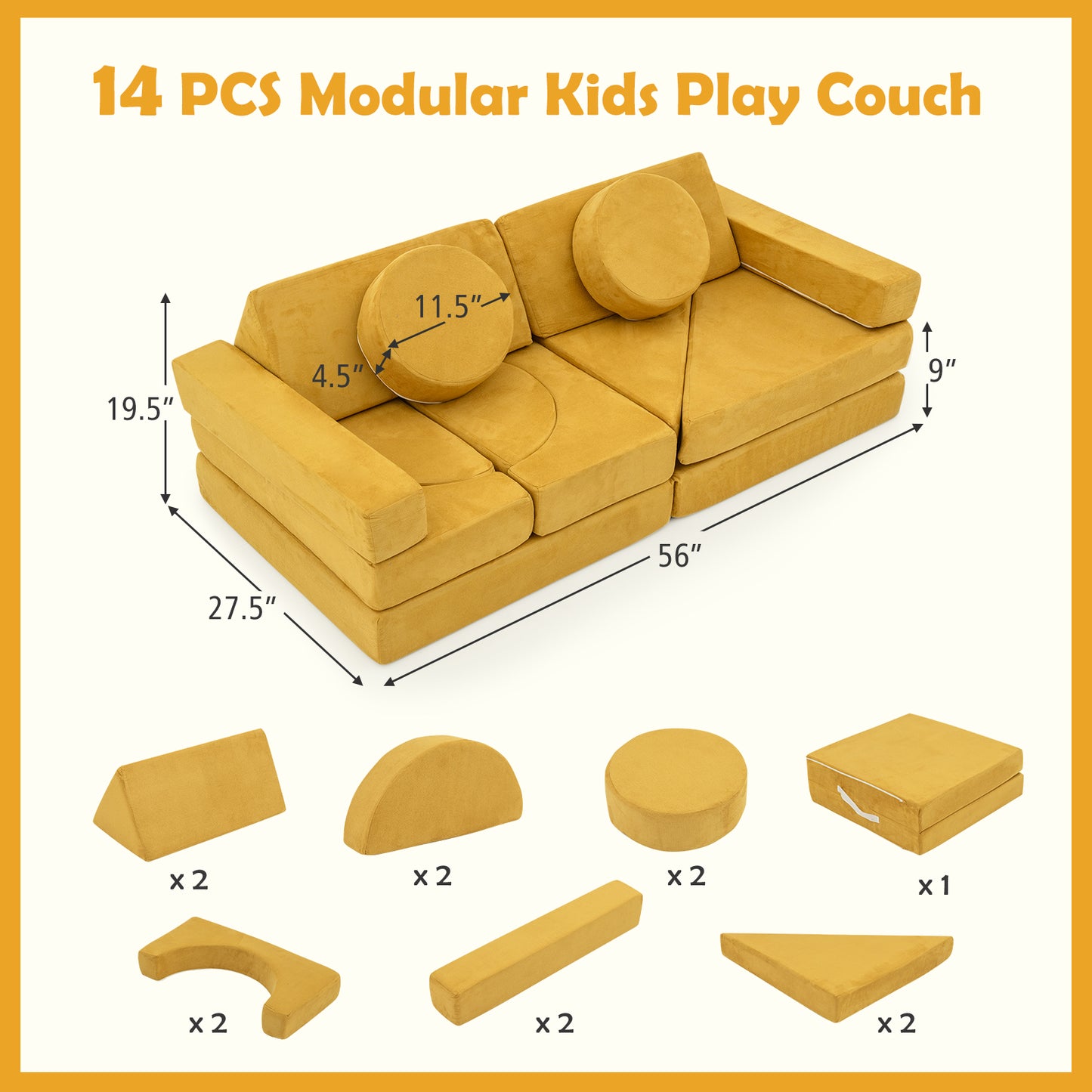 14-Piece Modular Kids Play Couch Set with Removable Covers