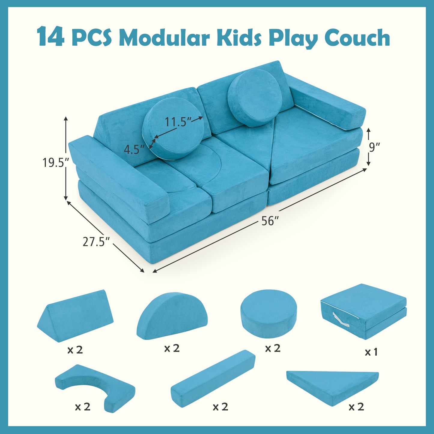 14-Piece Modular Kids Play Couch Set with Removable Covers
