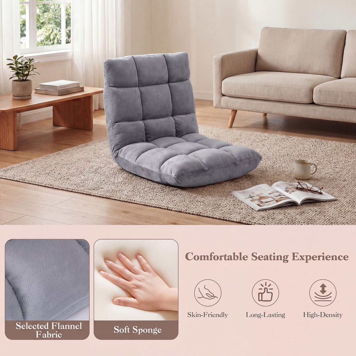 14-Position Adjustable Floor Chair with Padded Cushion
