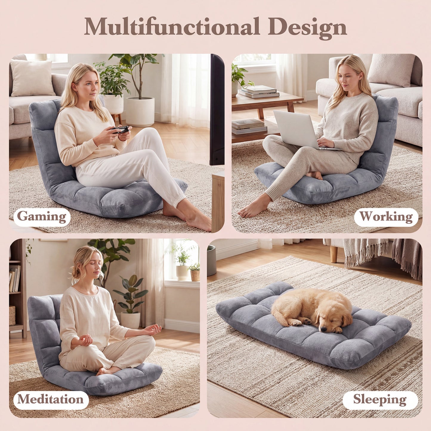14-Position Adjustable Floor Chair with Padded Cushion