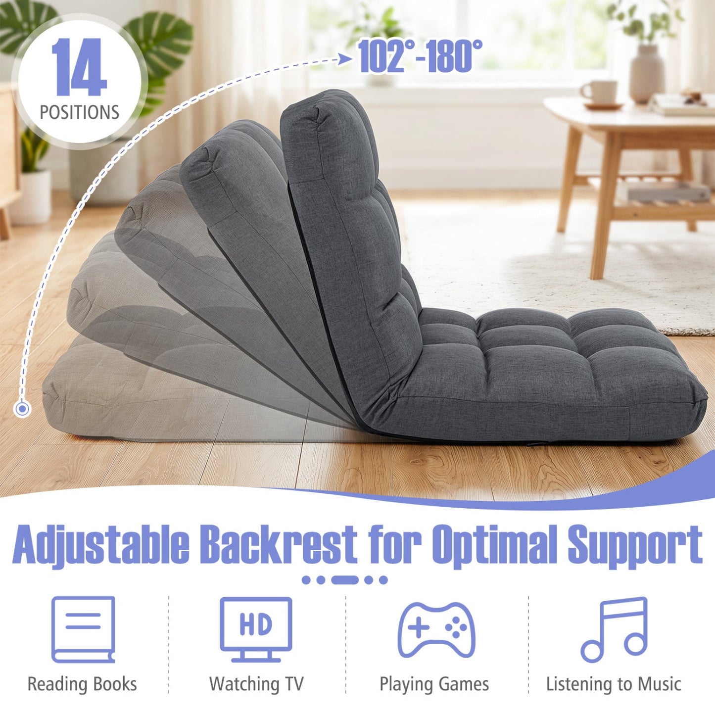 14-Position Adjustable Floor Chair with Back Support - Gray