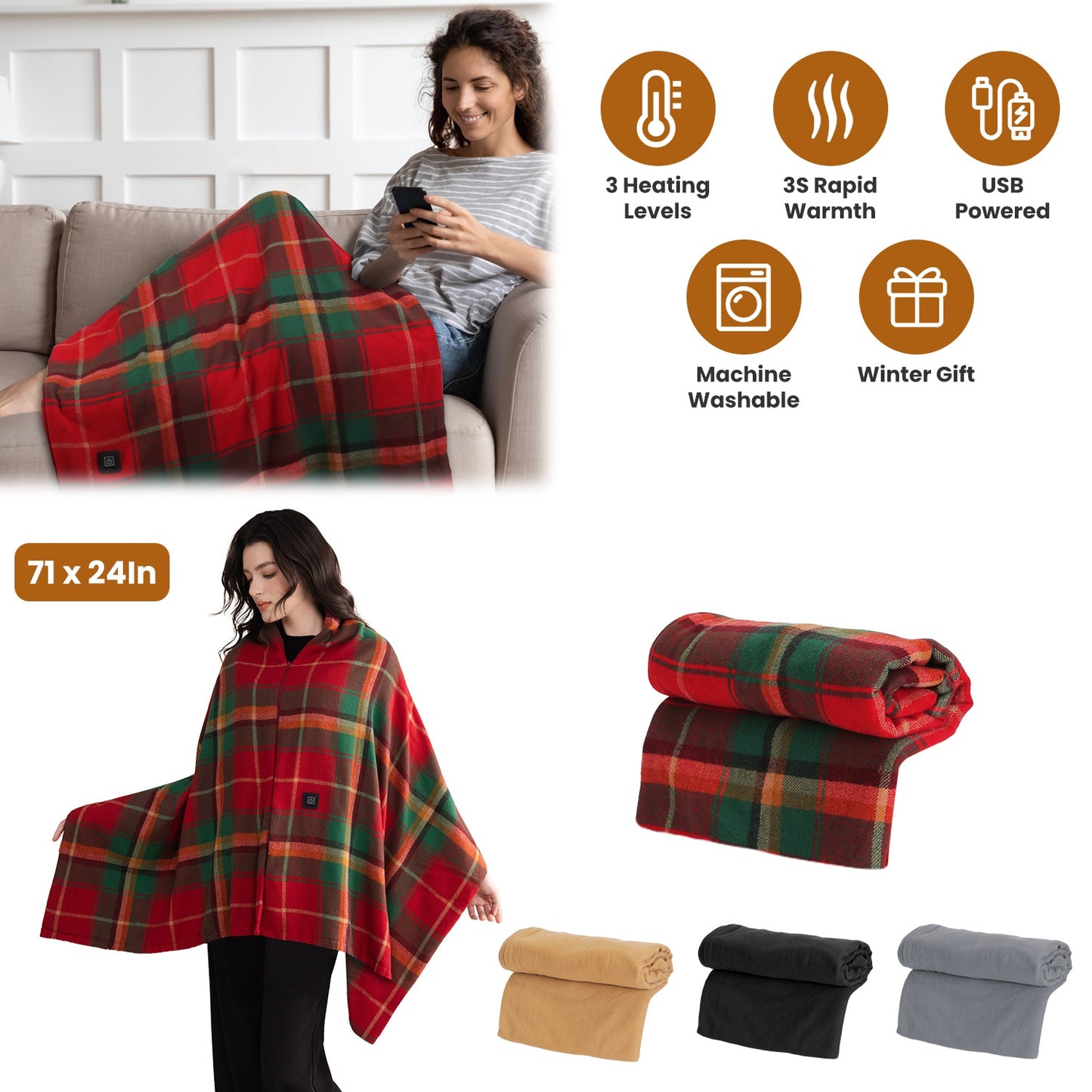 USB Heated Shawl with 3 Heat Levels and Zipper