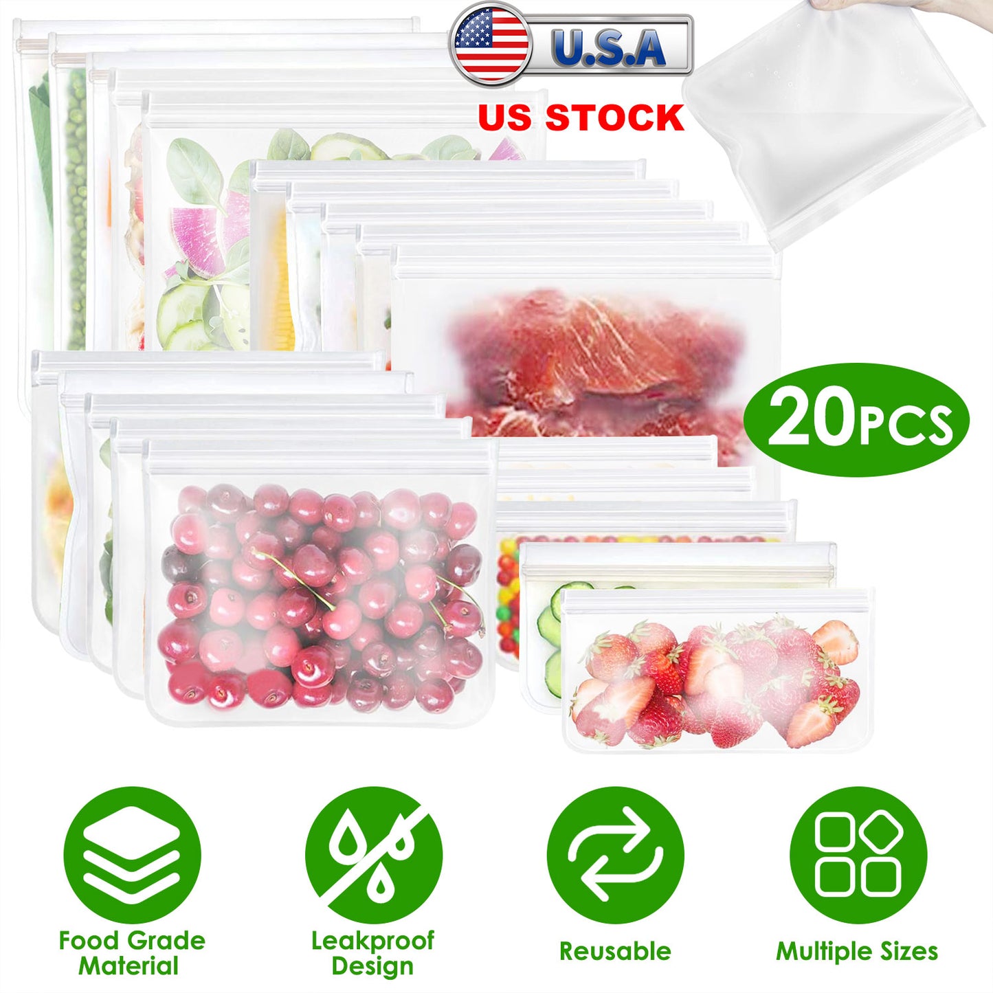 Reusable Food Storage Bags Set of 20 - Leakproof PEVA Freezer Bags