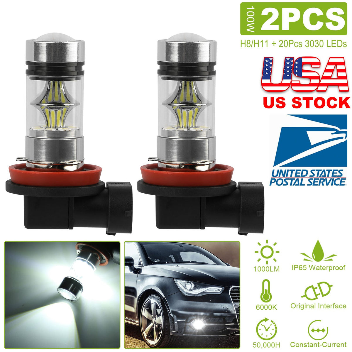 2PCS 1000lm 100W H8/H9/H11 LED Fog DRL Light Bulb IP65 Water-Resistant 360¡ Beam Angle 6000K White