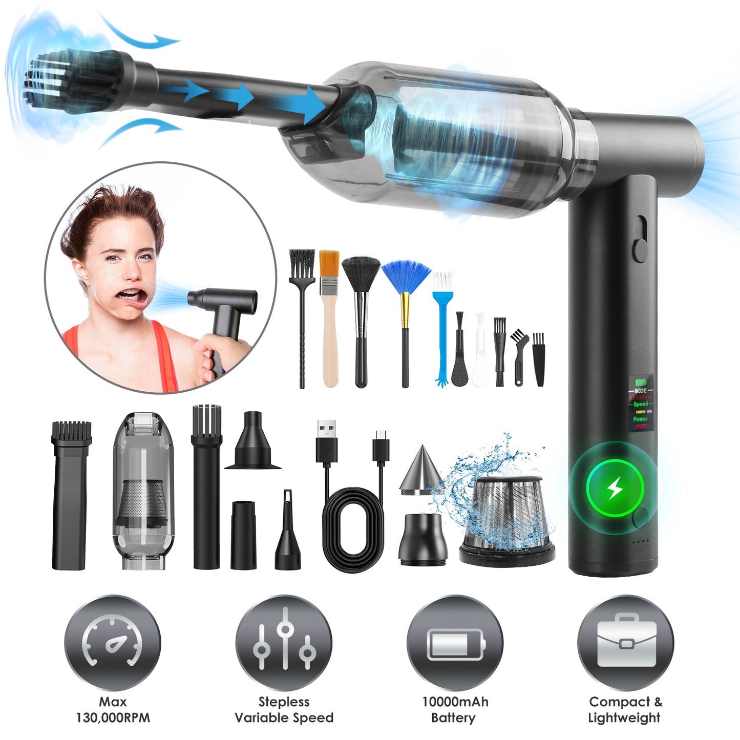 Cordless Air Duster 130,000 RPM with 19 Accessories