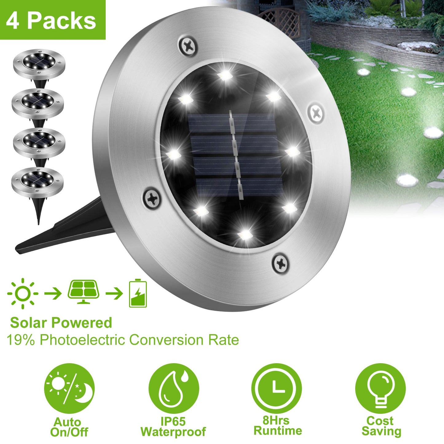 Solar Powered Ground Lights 4-Pack Waterproof Outdoor Path