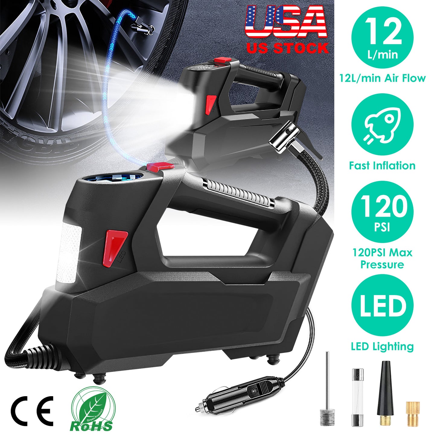 Portable Tire Inflator 120 PSI with Digital Display & LED Light