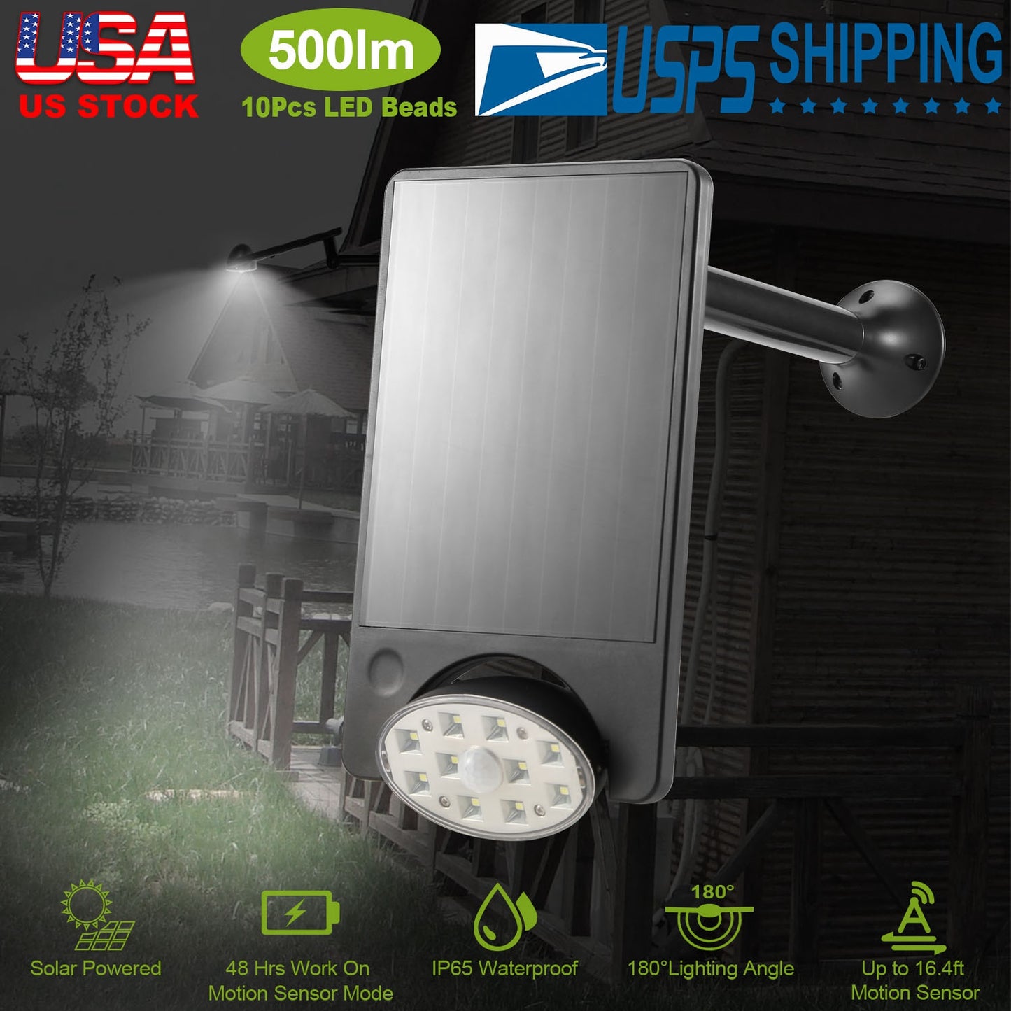 Solar Motion Sensor Spotlight with 10 LEDs for Outdoor Use