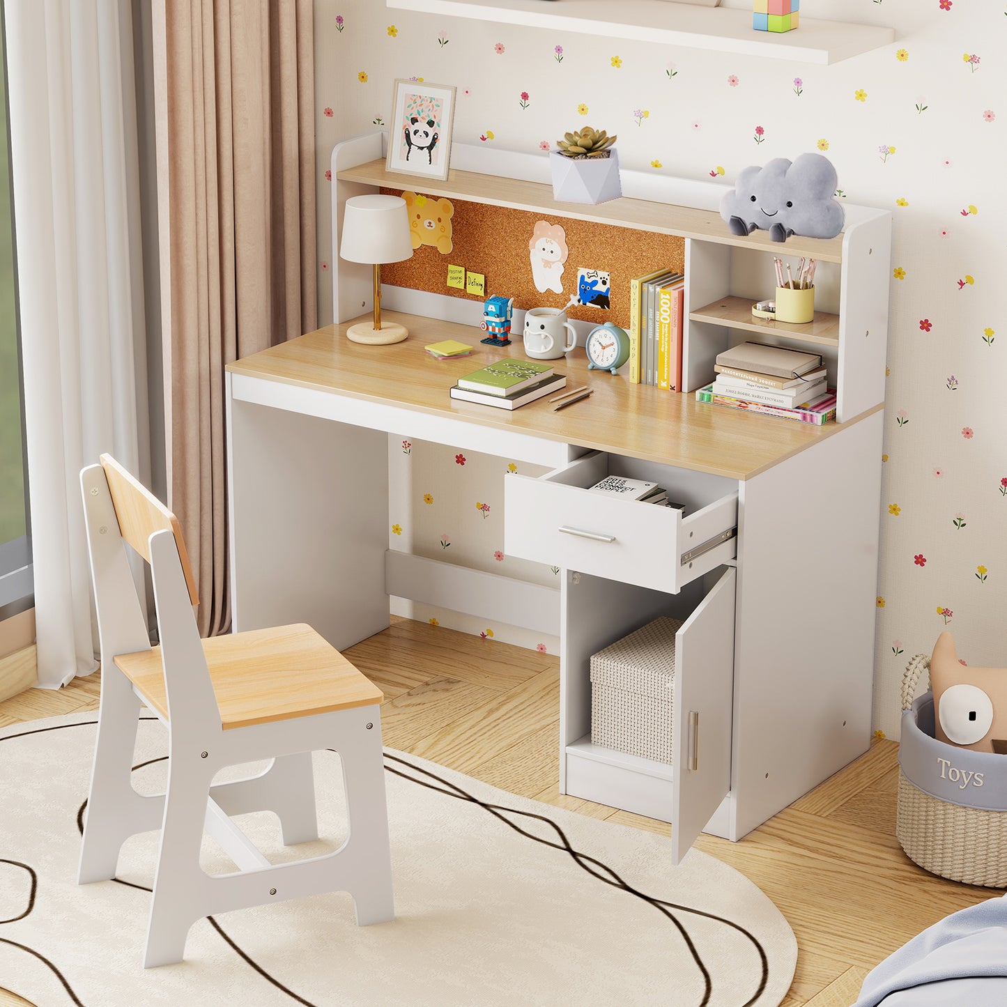 Kids Study Desk and Chair Set with Storage and Bulletin Board