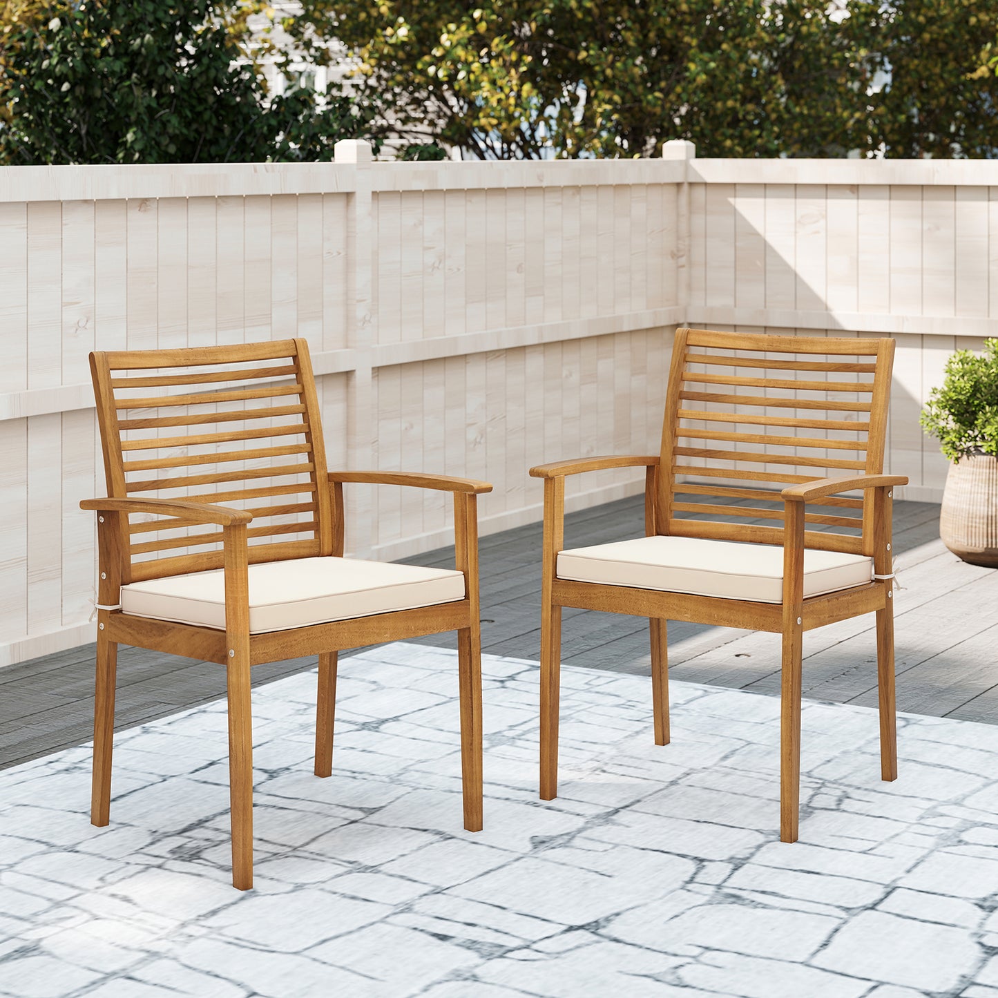 Acacia Wood Patio Dining Chairs Set of 2 with Cushions