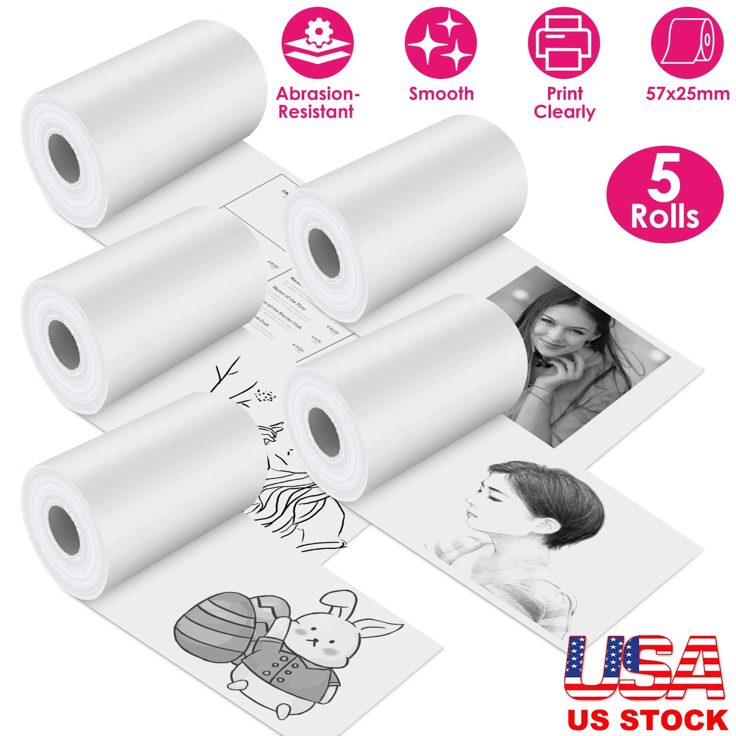 Thermal Printer Paper Rolls 57x25mm - 5 Pack White