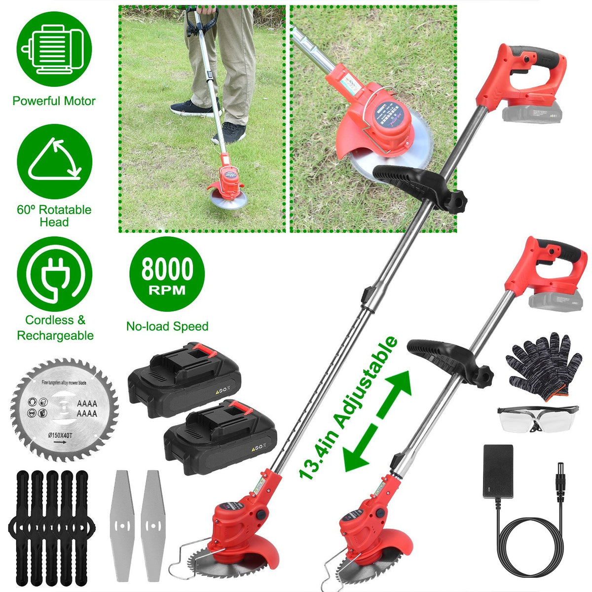 Electric Cordless Grass Trimmer Rechargeable Lawn Mower Weed Cutter with 2 Alloy Saw Blades 2 Alloy Blades 10 Plastic Blades 2 Rechargeable Batteries