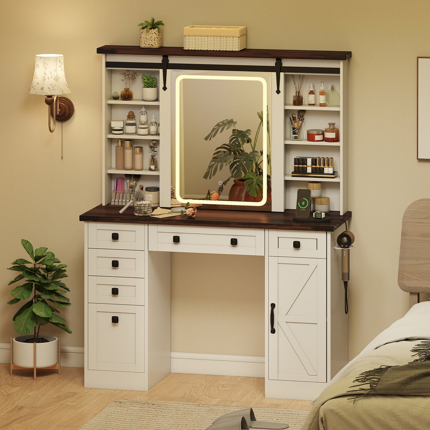 Vanity Desk with Sliding Mirror and 3 Lighting Modes