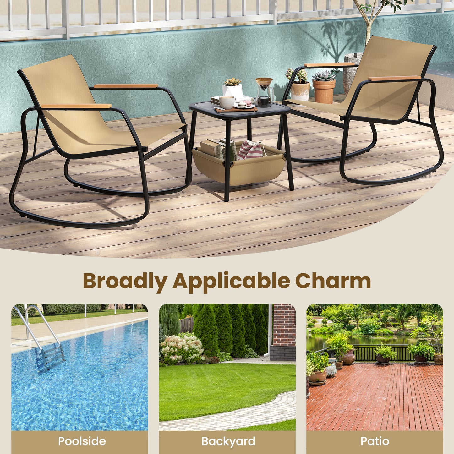 3-Piece Rocking Bistro Set with Side Table and Storage