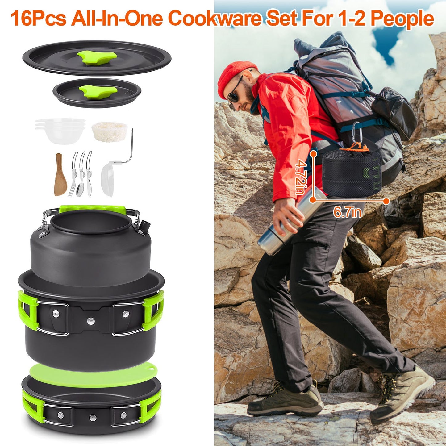 16-Piece Camping Cookware Set with Pot, Pan & Kettle
