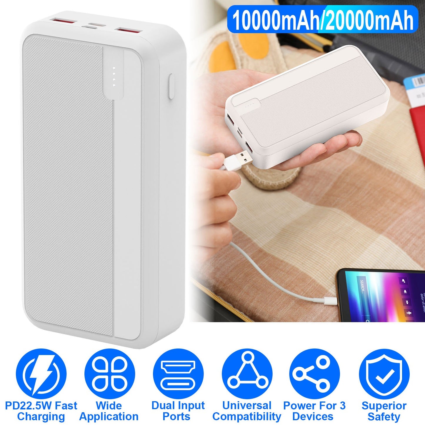 10000mAh Fast Charging Power Bank with PD 22.5W USB-C Cable