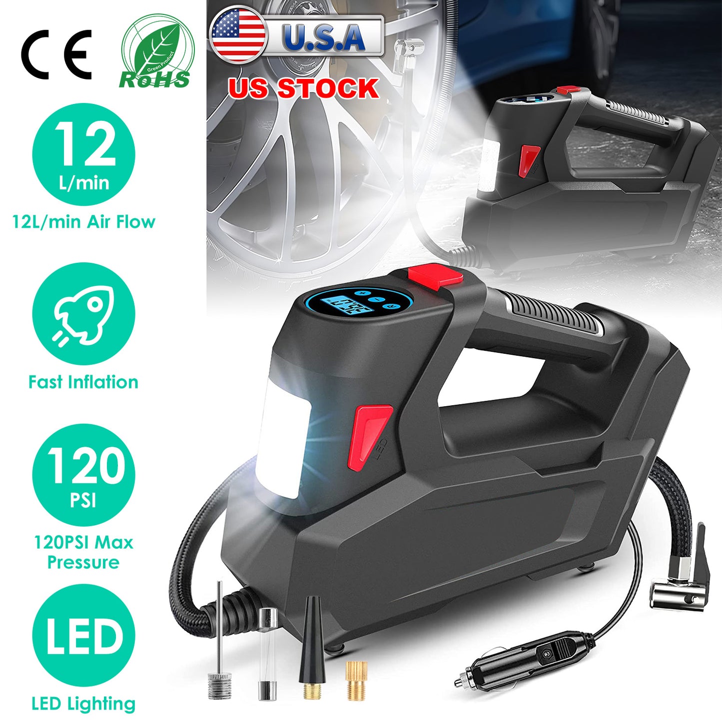 Portable Tire Inflator 120 PSI with Digital Display & LED Light