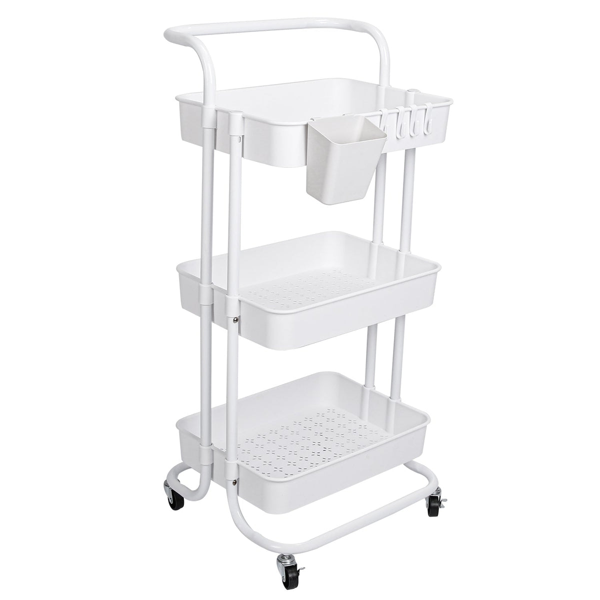 3 Tier Rolling Utility Cart Movable Storage Organizer with Mesh Baskets Lockable Wheels 360 Degree Rotatable Hanging Box Hooks Bedroom Bathroom Kitche