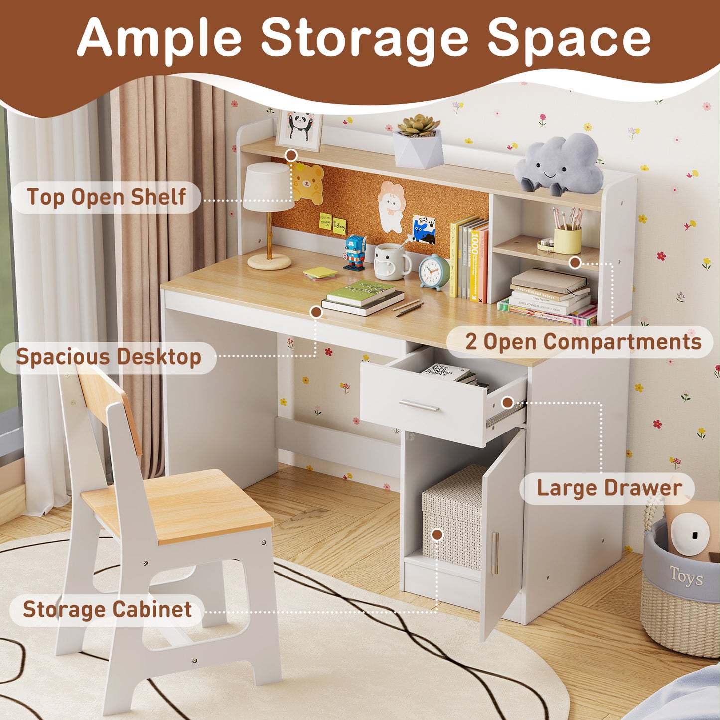 Kids Study Desk and Chair Set with Storage and Bulletin Board