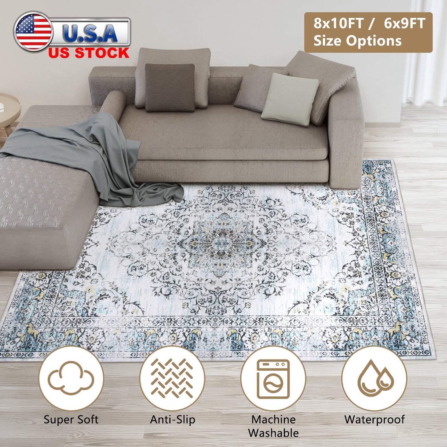 Vintage Area Rug 6x9 FT Non-Slip Washable Soft Faux Cashmere