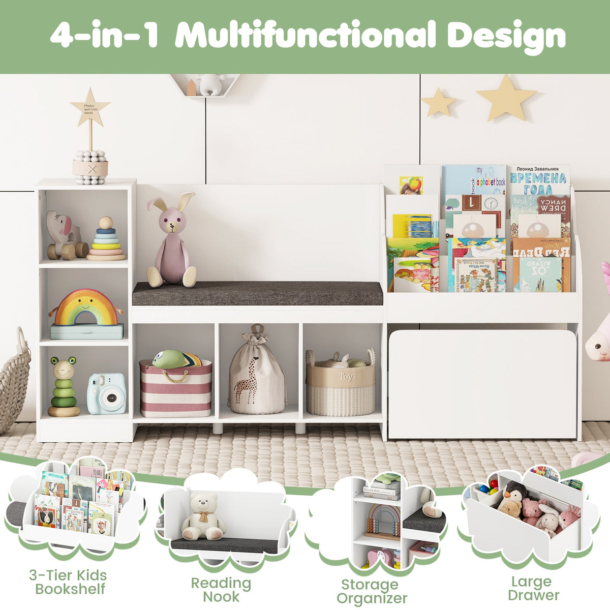 Kids Bookcase with Reading Nook 4-in-1 Standing Toy Organizer-White