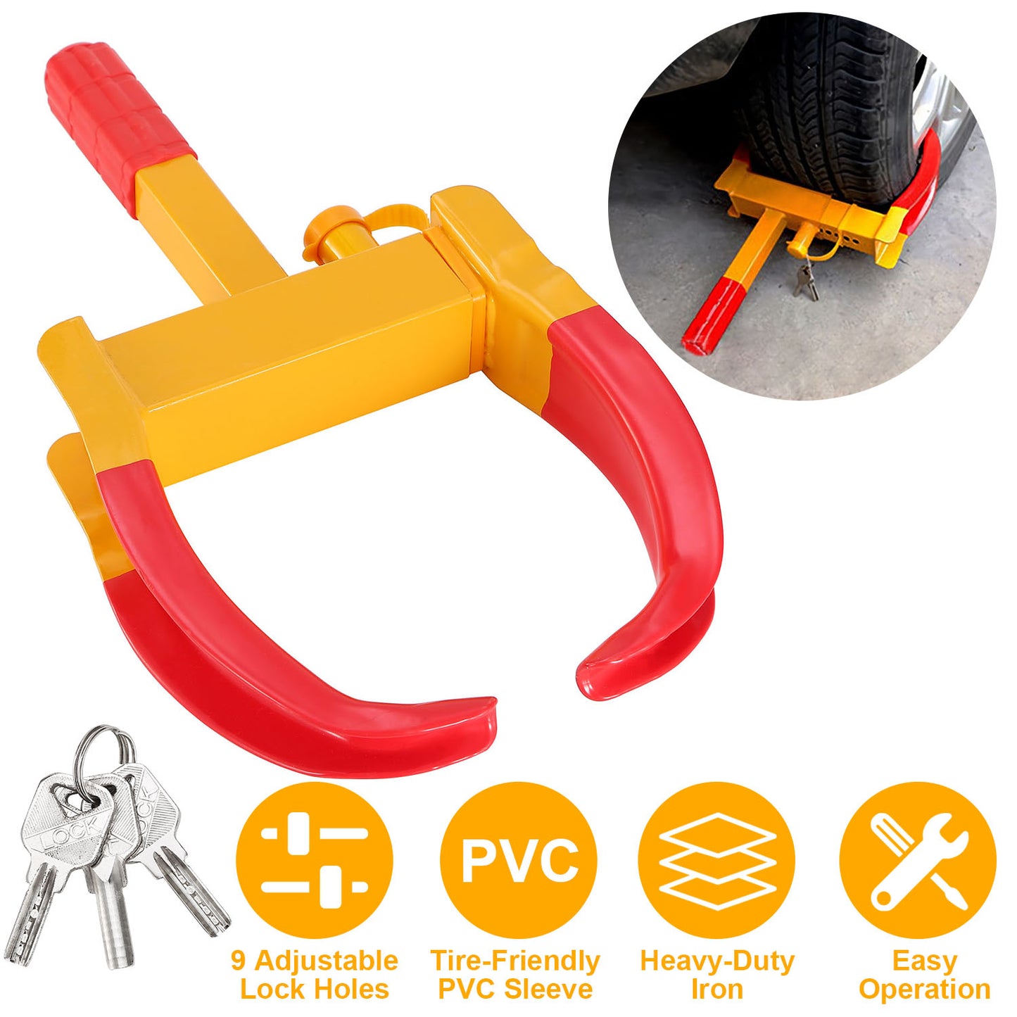 Heavy Duty Wheel Clamp Lock with 3 Keys - Adjustable Tire Lock
