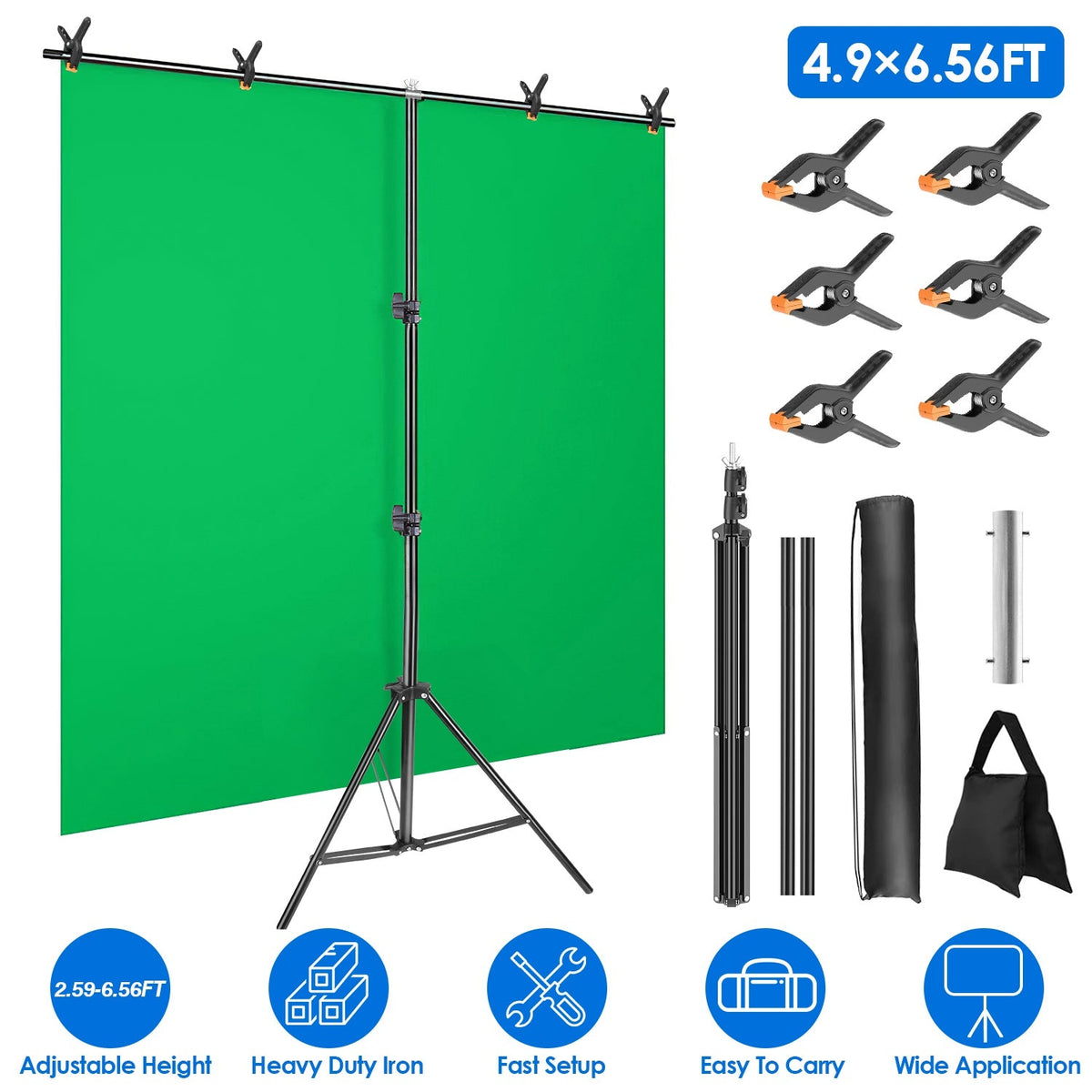 5 6.5FT T-Shape Photo Video Backdrop Stand Heavy Duty Background Stand Adjustable Photography Backdrop Stand with 6 Spring Clamps Sandbag Carry Bag fo
