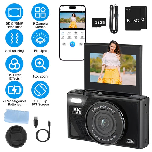 5K Digital Camera with 75MP, WiFi & 18X Zoom