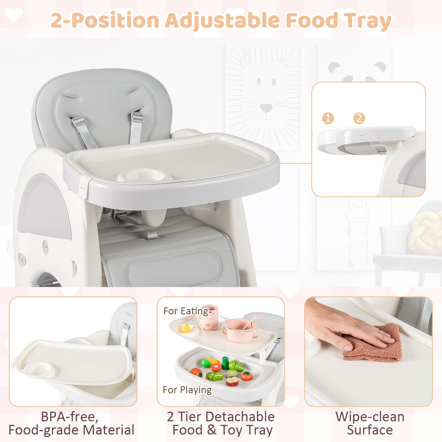 Convertible Baby High Chair with Adjustable Backrest & Tray