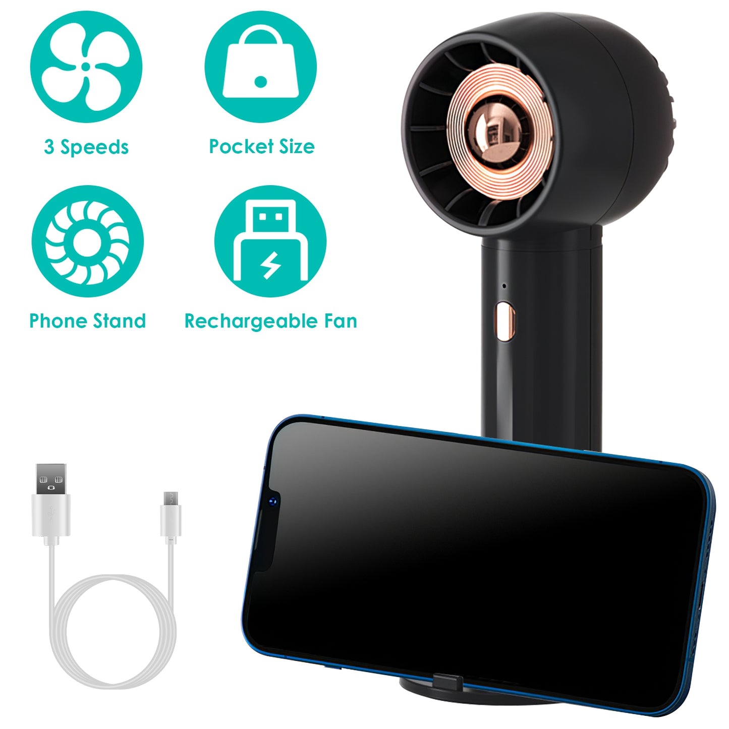 Rechargeable Handheld Fan with 3 Speeds & Phone Holder Base