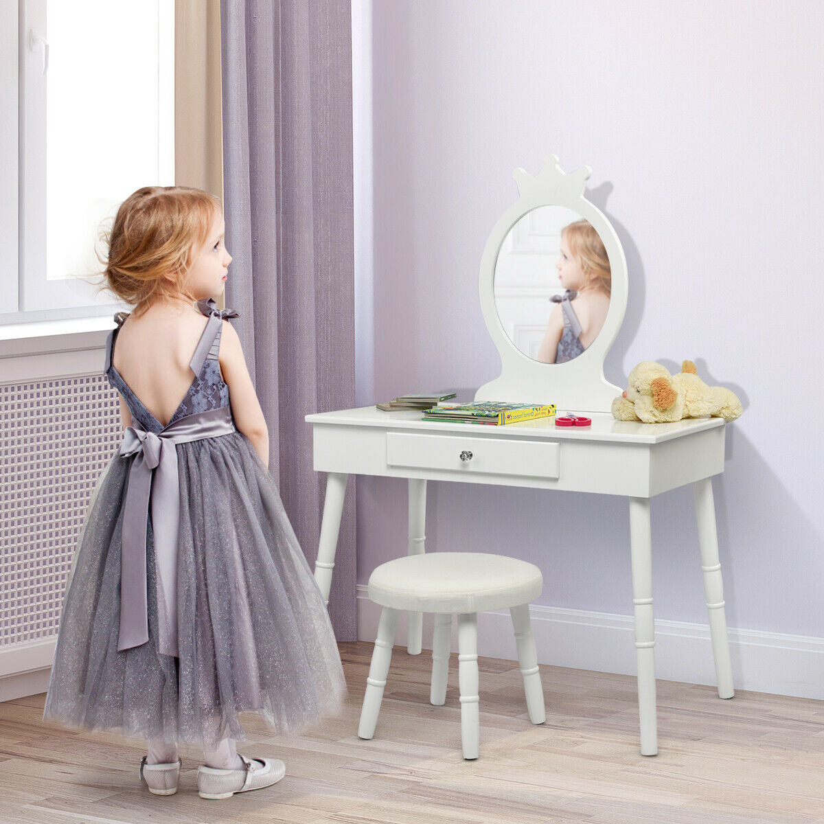 Kids Vanity Table and Chair Set with Mirror and Drawer