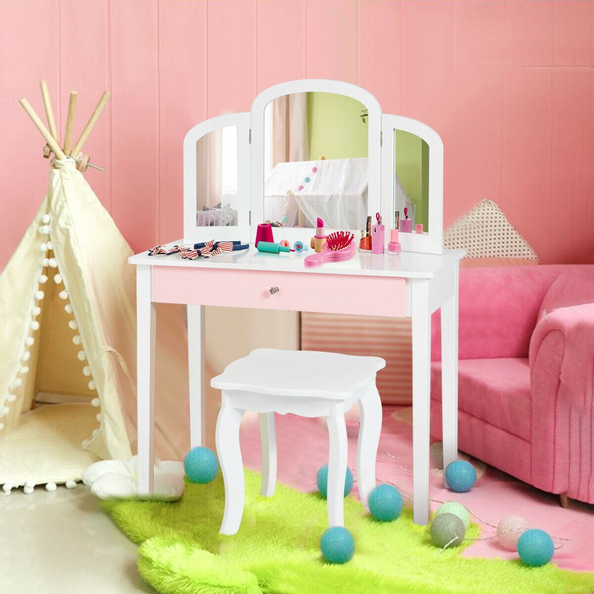Kids Vanity Table with Tri-Fold Mirror and Chair Set