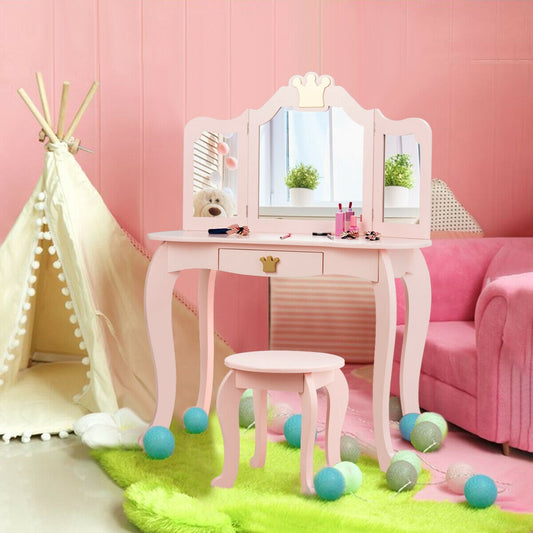 Kids Makeup Vanity Table with Tri-Fold Mirror and Stool