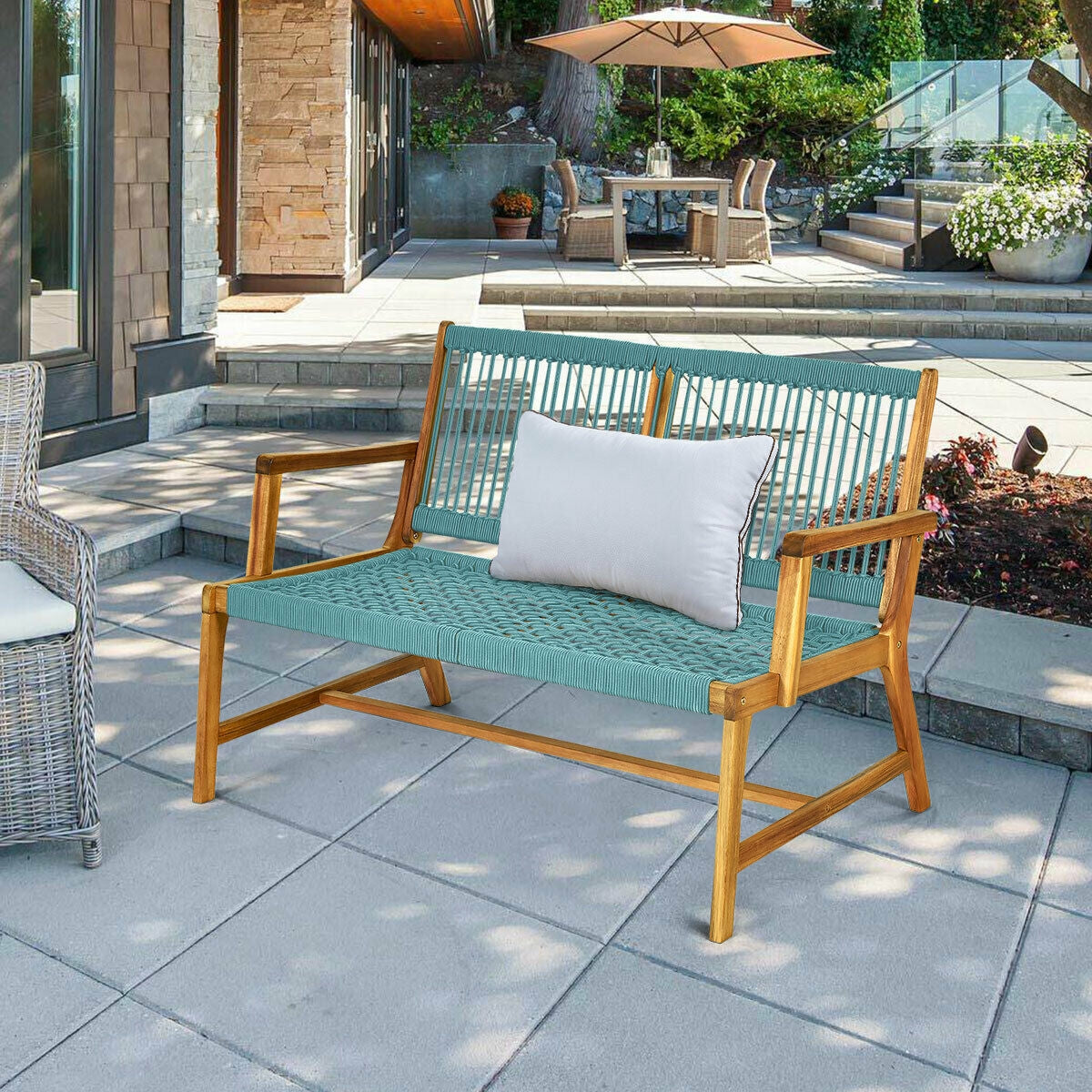 2-Person Acacia Wood Outdoor Bench with Rope Weave