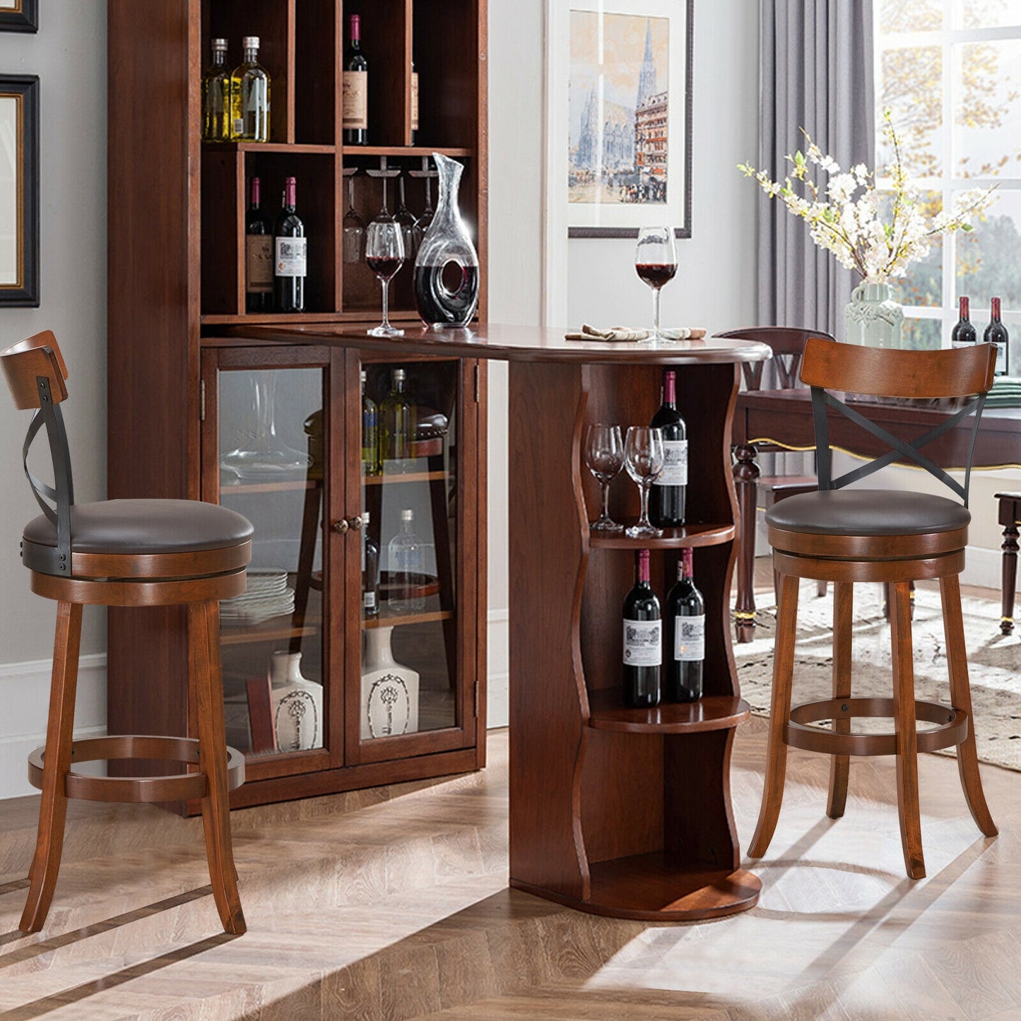 Swivel Bar Stools Set of 2 with Rubber Wood Legs - 360° Rotation