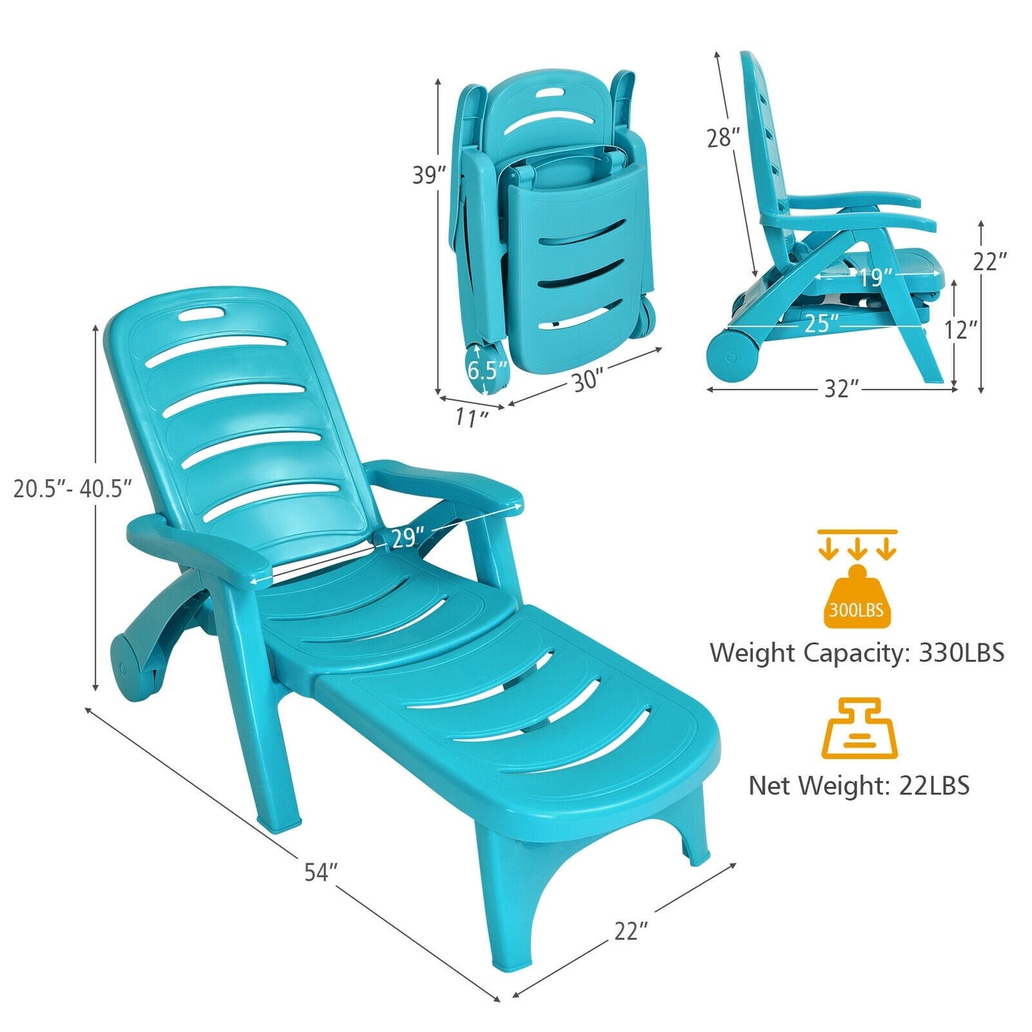 Adjustable Folding Chaise Lounge Chair with Wheels