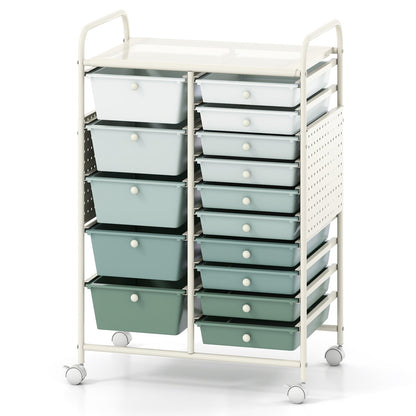 15-Drawer Rolling Storage Cart with Metal Tabletop and Pegboard