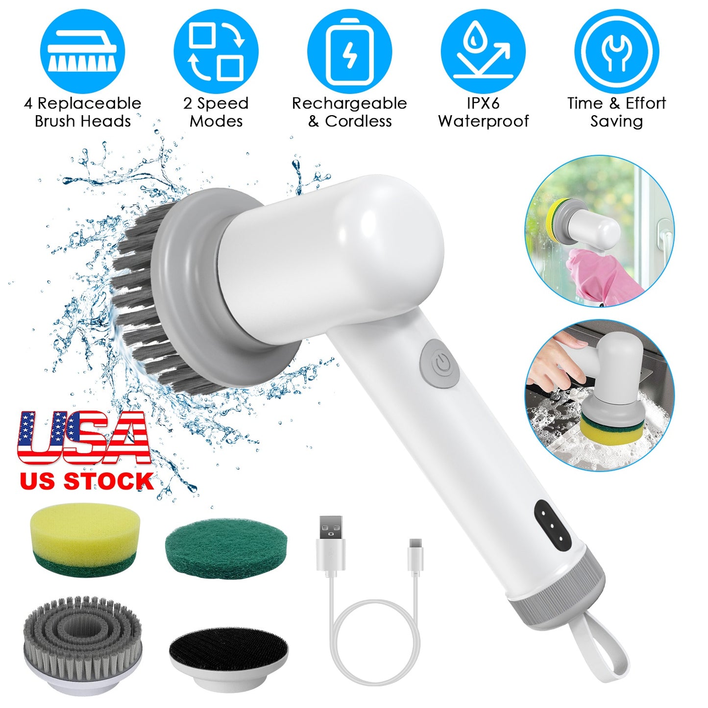 Electric Spin Scrubber with 4 Brush Heads & 2 Speeds