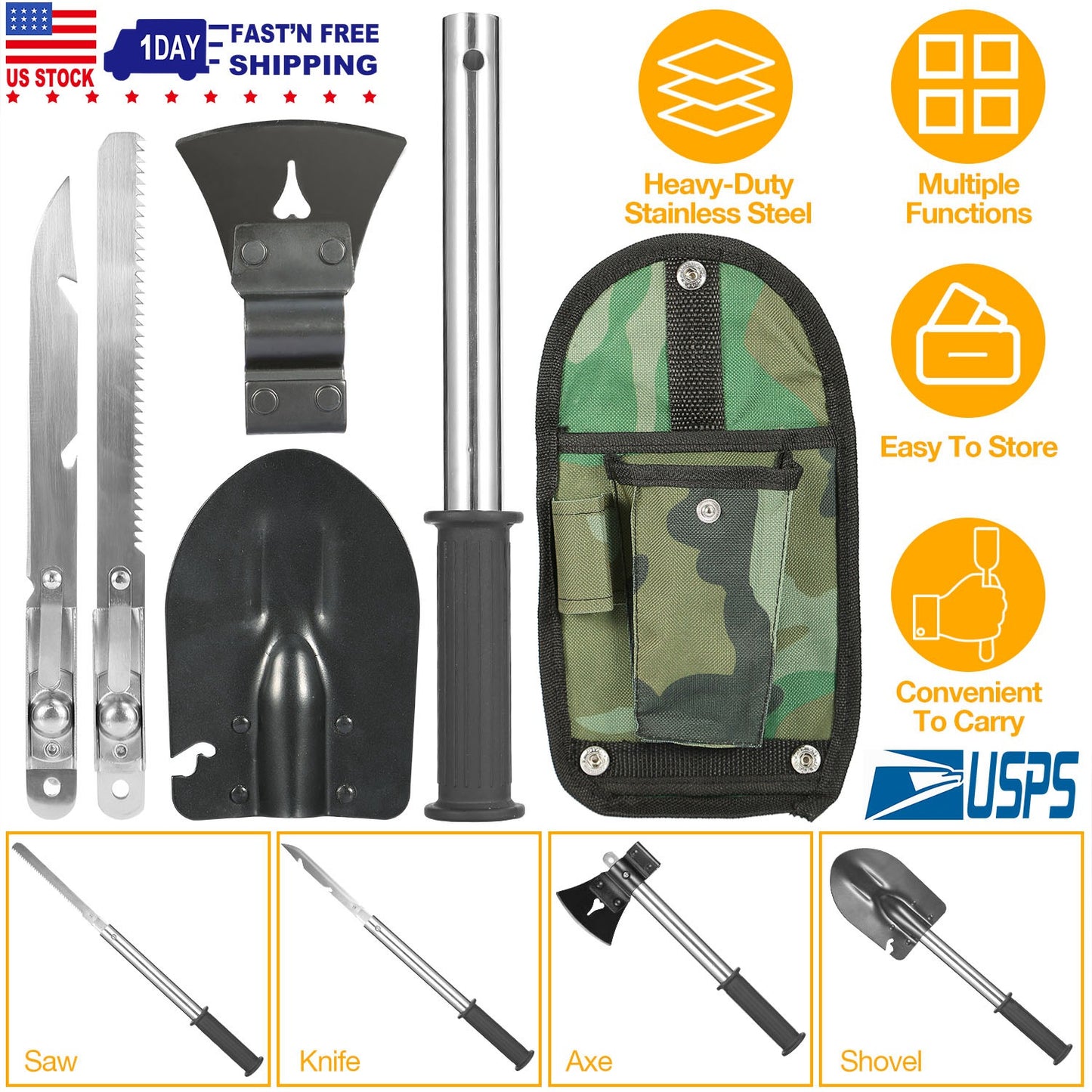 6-in-1 Multi-Tool Survival Kit with Shovel, Axe, Knife & Saw