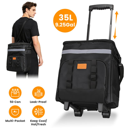 Portable Rolling Cooler Bag with Wheels and Side Handles Shoulder Strap 35L 50 Can Collapsible Insulated Leakproof Coole