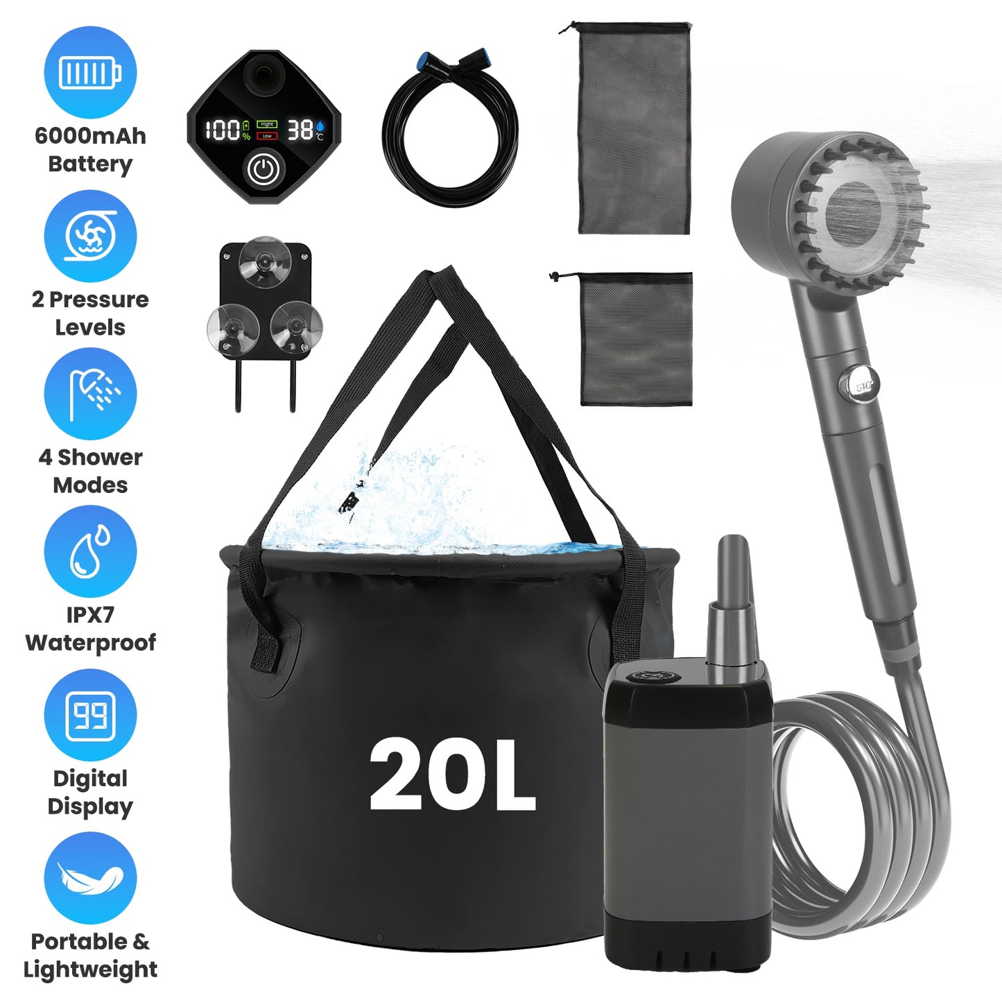 Portable Camping Shower with Rechargeable Pump & 5.3 Gallon Bucket